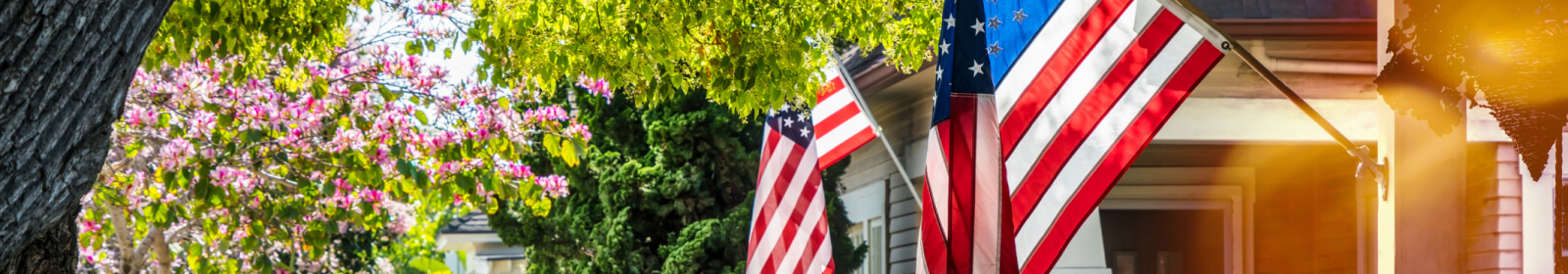 american flags outside suburban homes